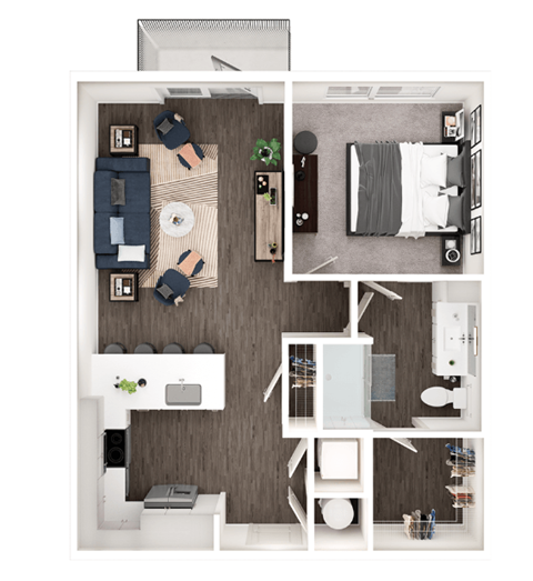 Floor plan for 1 bed, 1 bath, 725 sqft